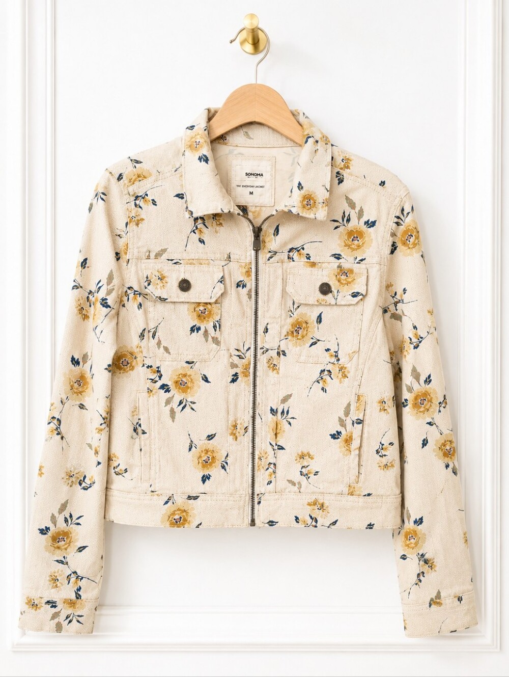 Sonoma Floral Denim Jacket Women’s Medium Cream Cottagecore Zip Front - Picture 7 of 12